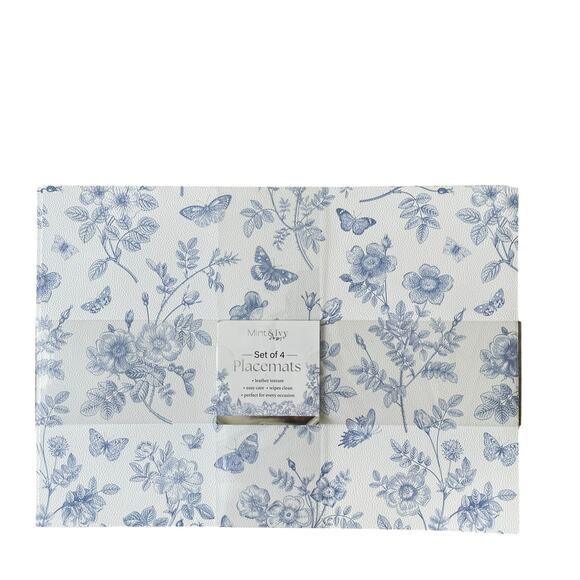 Mint & Ivy Faux Leather Placemats 13x18 Blue & White Floral Butterfly Set of 4 - Picture 7 of 10